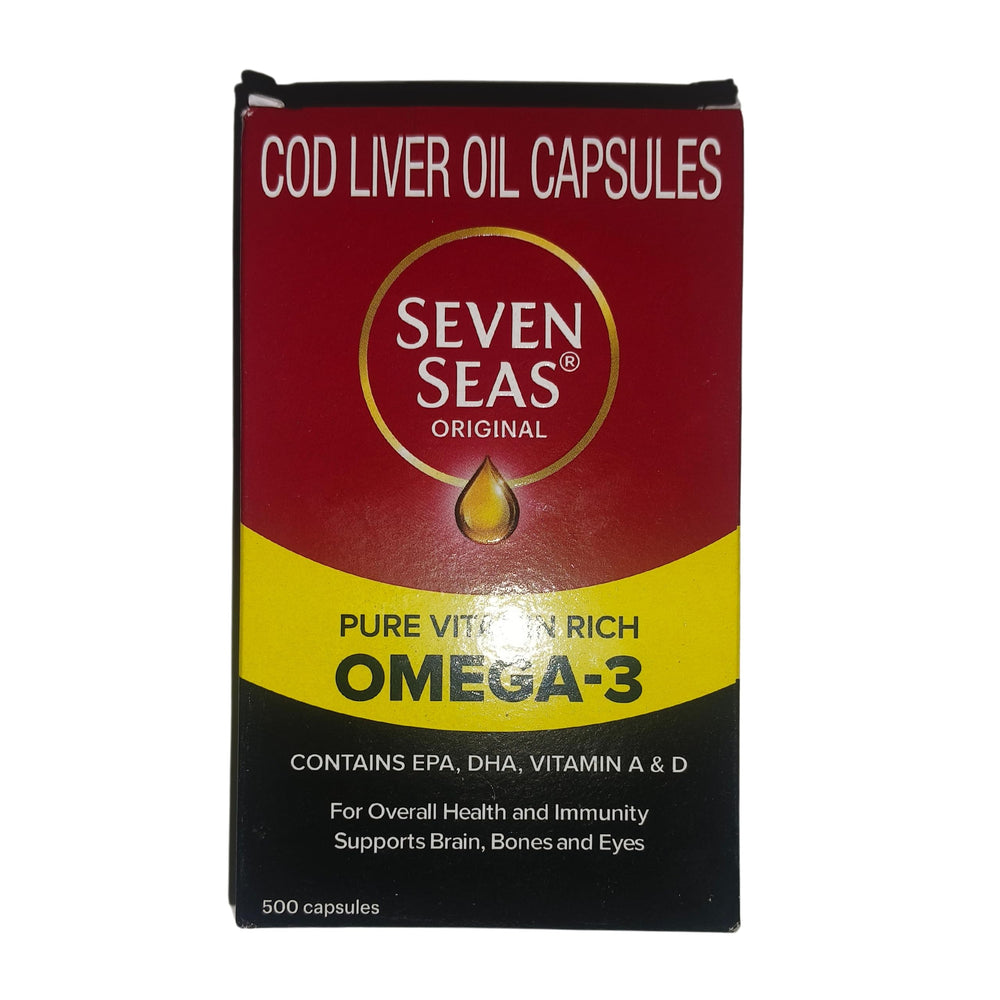 Front label of Seven Seas Cod Liver Oil for quick recognition.