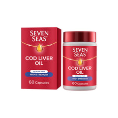 Seven Seas Simply Timeless cod liver oil capsules, front view, supports daily heart and brain health.