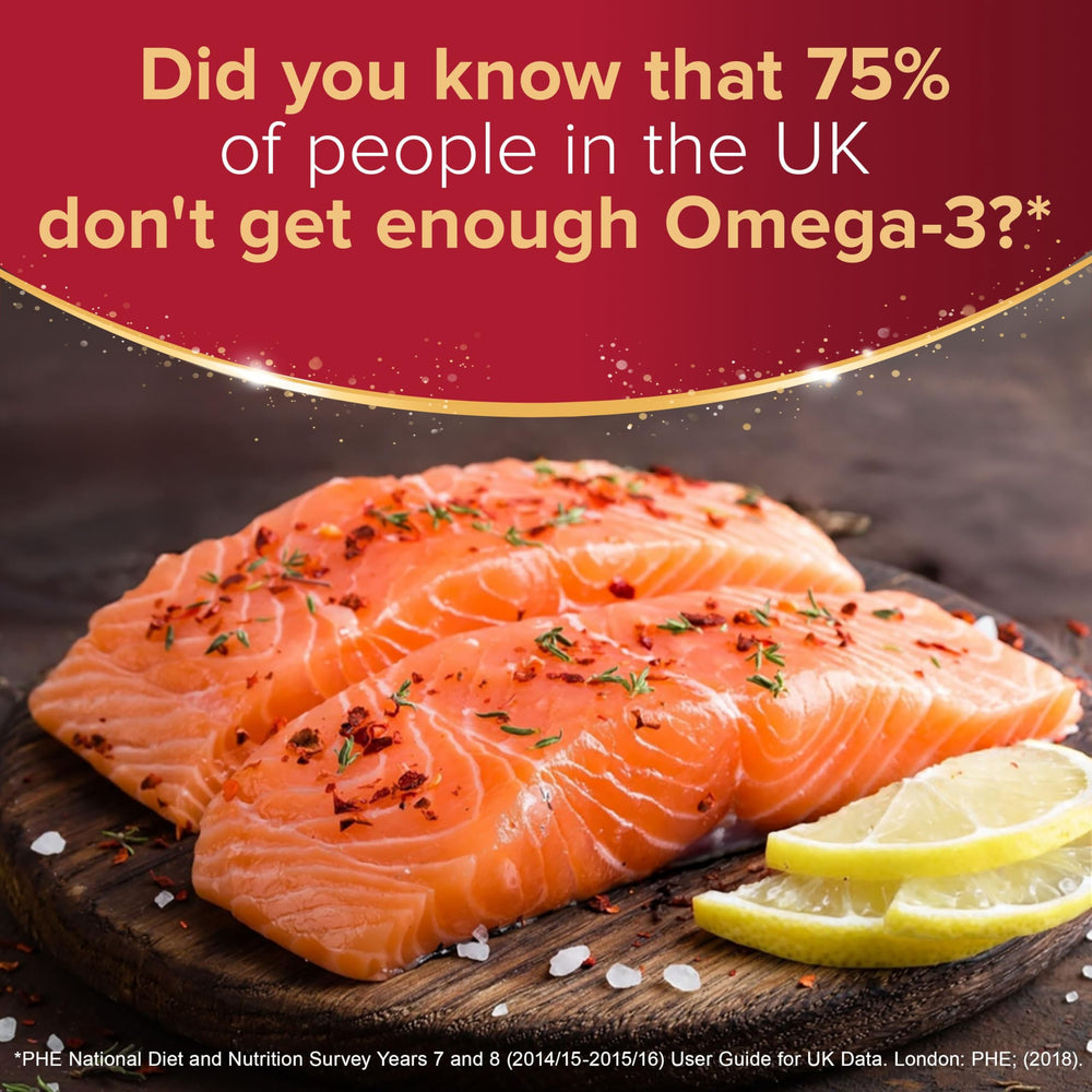 Seven Seas Simply Timeless omega-3 capsules close-up, highlighting EPA and DHA content for omega-3 support.
