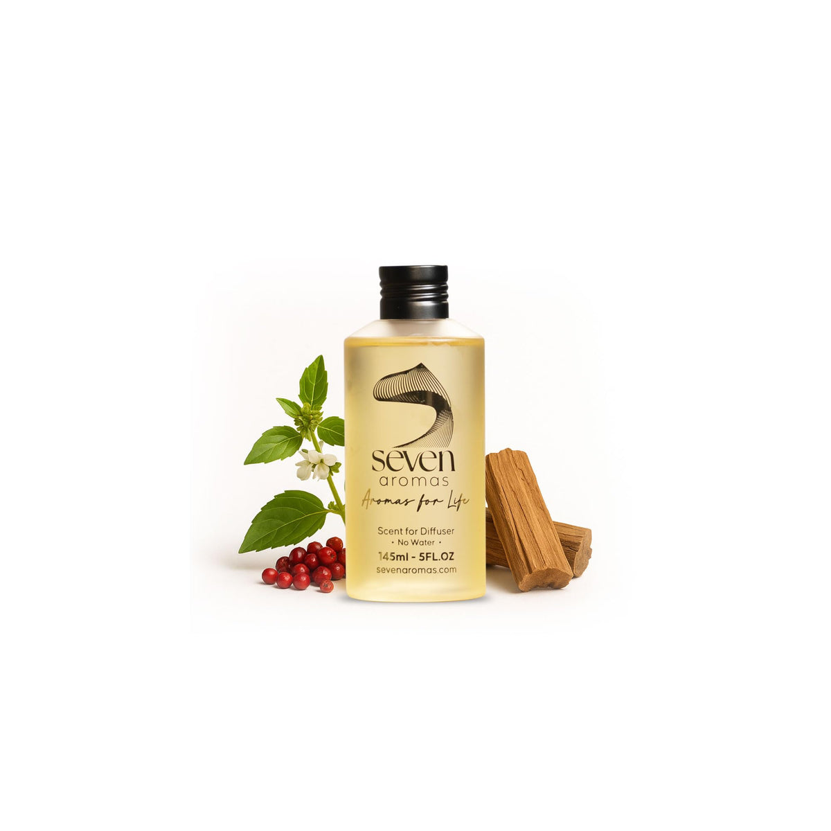 Seven Aromas Santal Blanc bottle pour highlights premium fragrance for refined spaces.