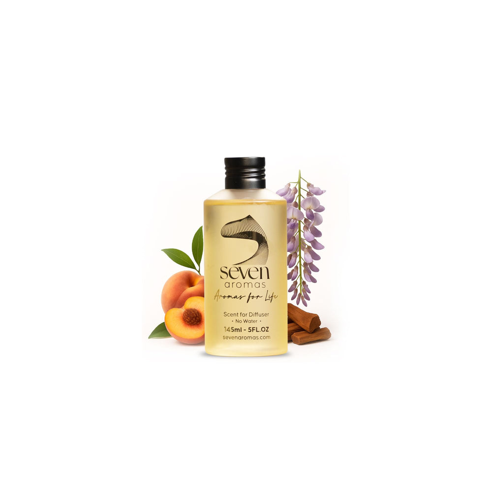 SevenAromas Santorini bottle close-up for premium diffusion in luxury spaces.