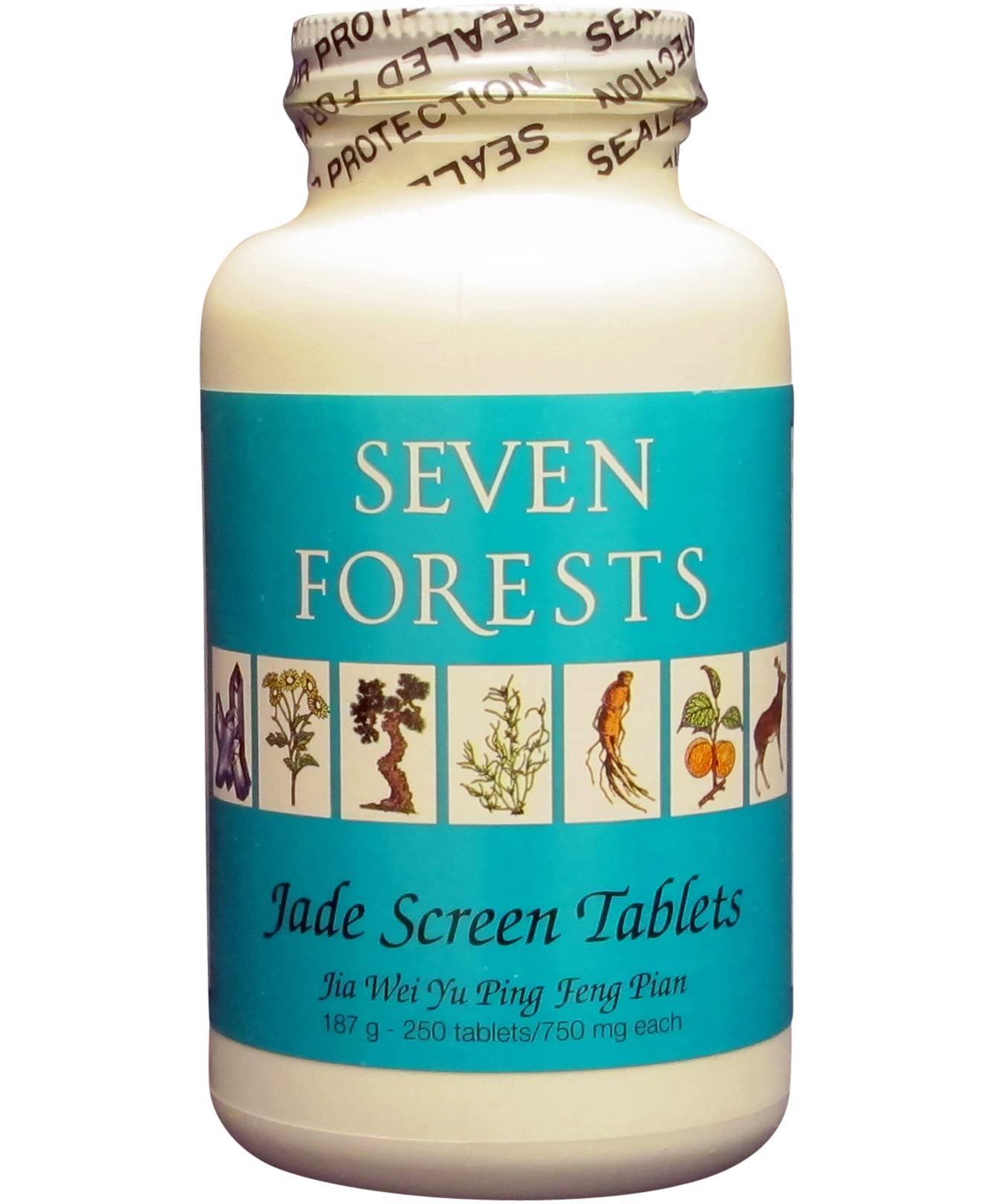 Seven Forests Jade Screen Tablets 250-pack on a clean surface, traditional herbal vitality blend.