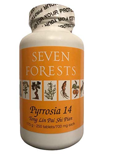 Seven Forests Pyrrosia bottle close-up promoting urinary comfort.