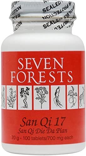 Seven Forests San Qi 17 tablets bottle front view may support recovery after physical trauma.