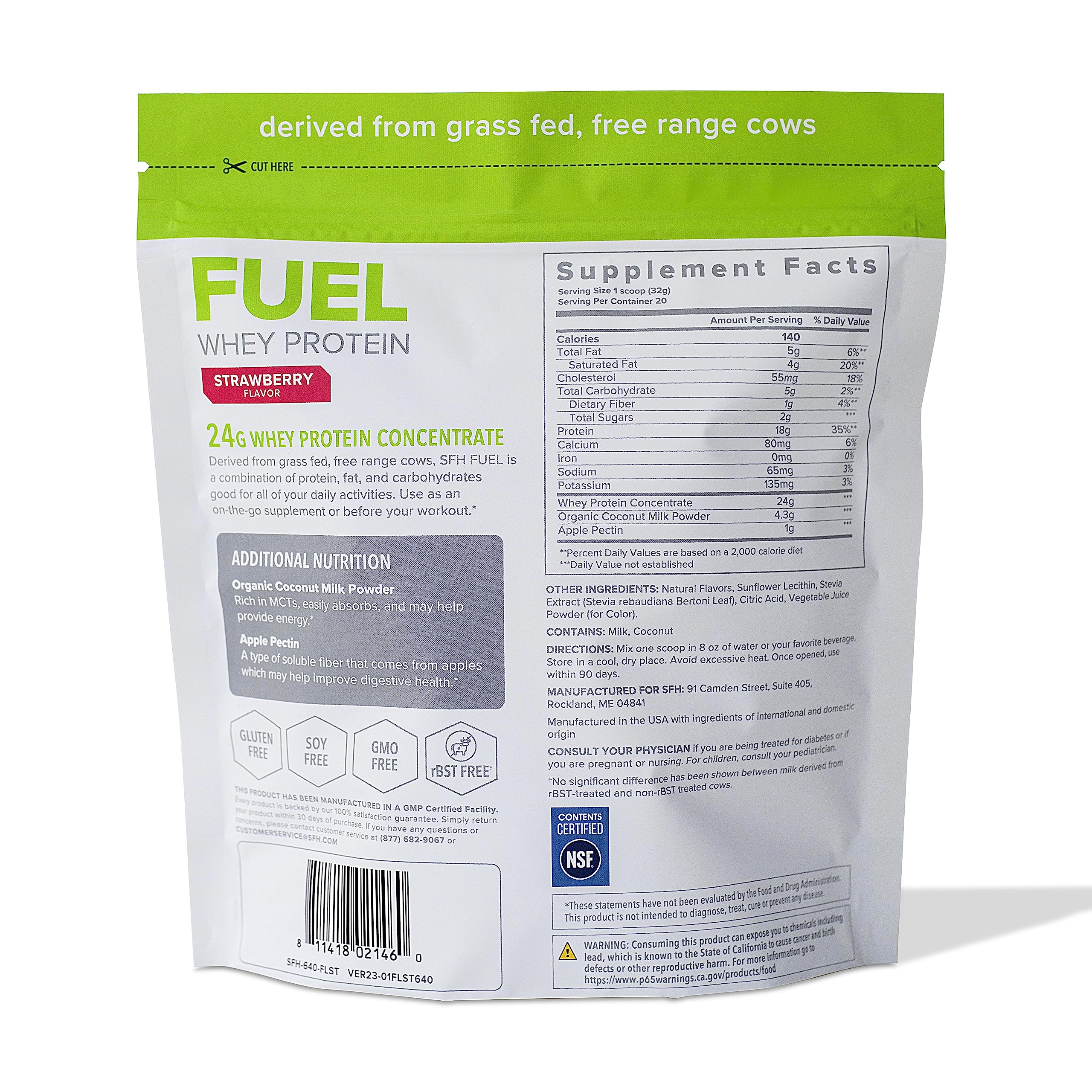 SFH Fuel strawberry bag ingredients panel, clean, natural formula.