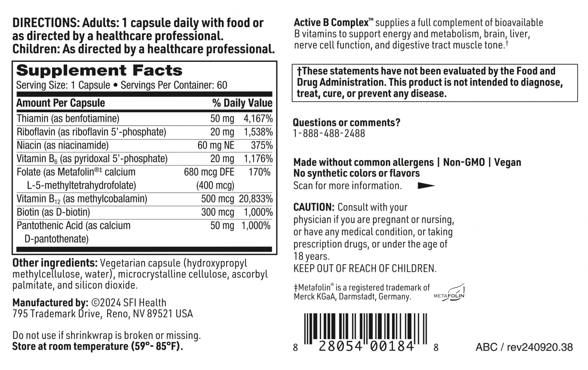 SFI Health Active B Complex box communicates vegan, hypoallergenic formulation and trusted brand