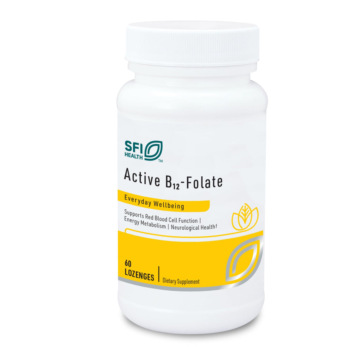 SFI Health Active B12 Folate lozenge bottle showcases quick-dissolve delivery.