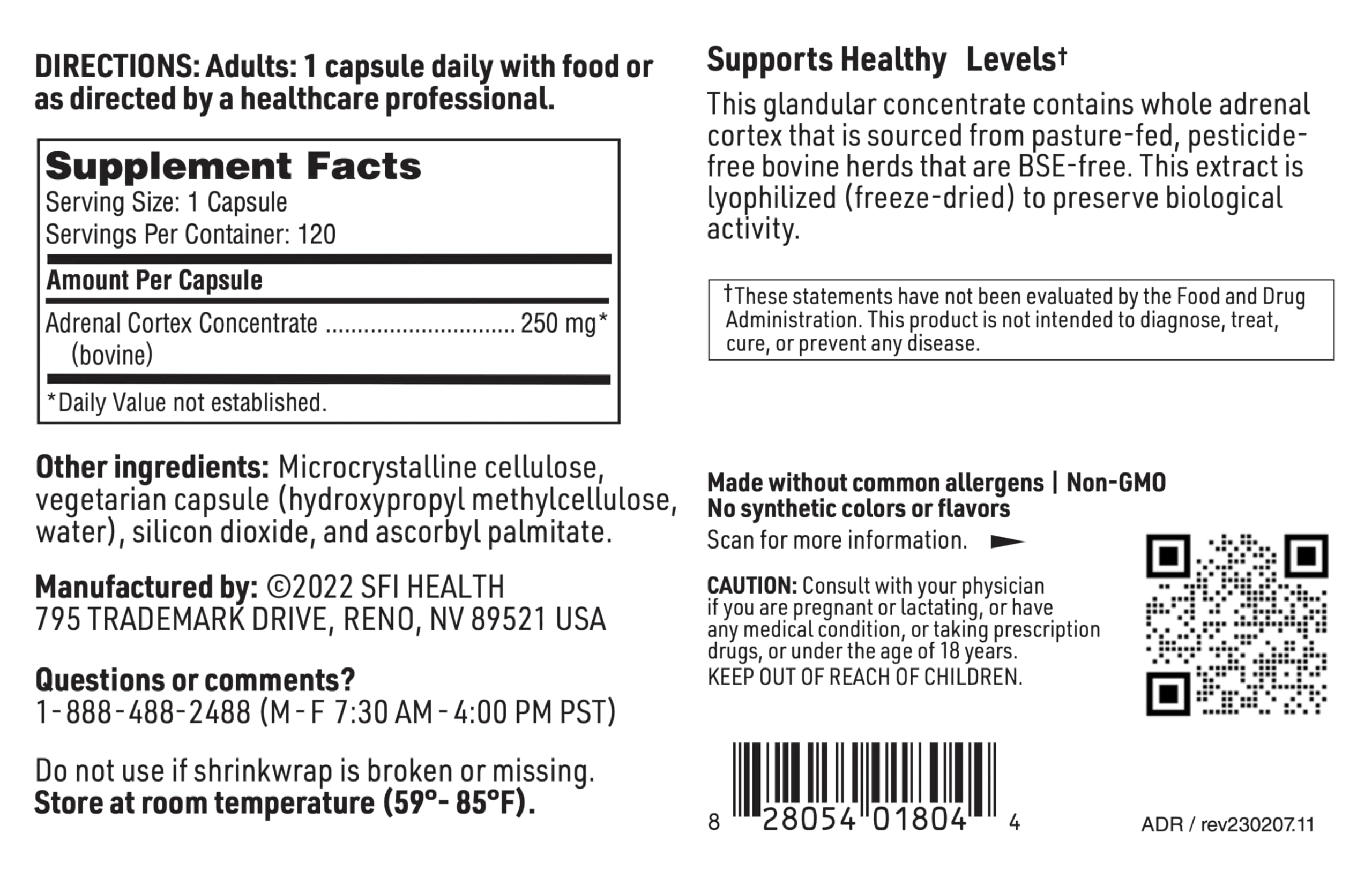 SFI Health Adrenal Cortex lyophilized processing preserves potency and bioactivity.