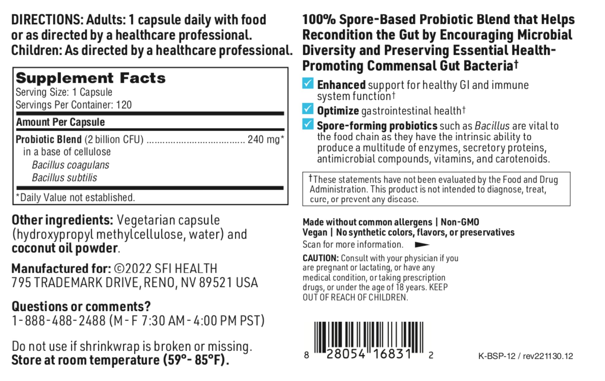 BioSpora ingredients list highlighting Bacillus coagulans and Bacillus subtilis
