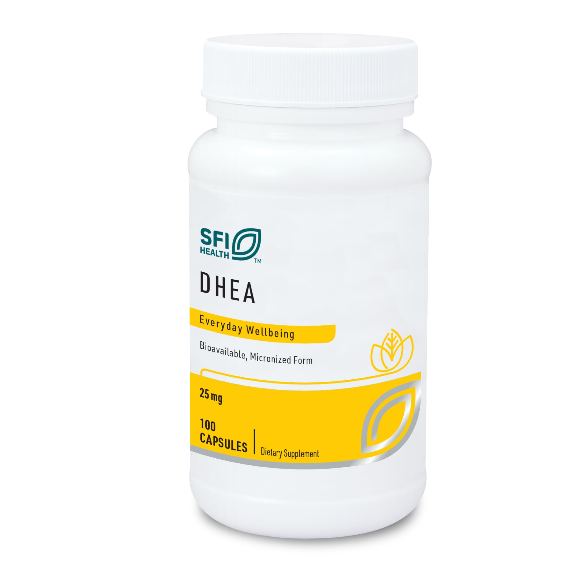 SFI Health DHEA 25mg bottle on shelf, easy daily use concept