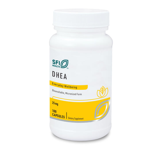 SFI Health DHEA 25mg bottle on shelf, easy daily use concept