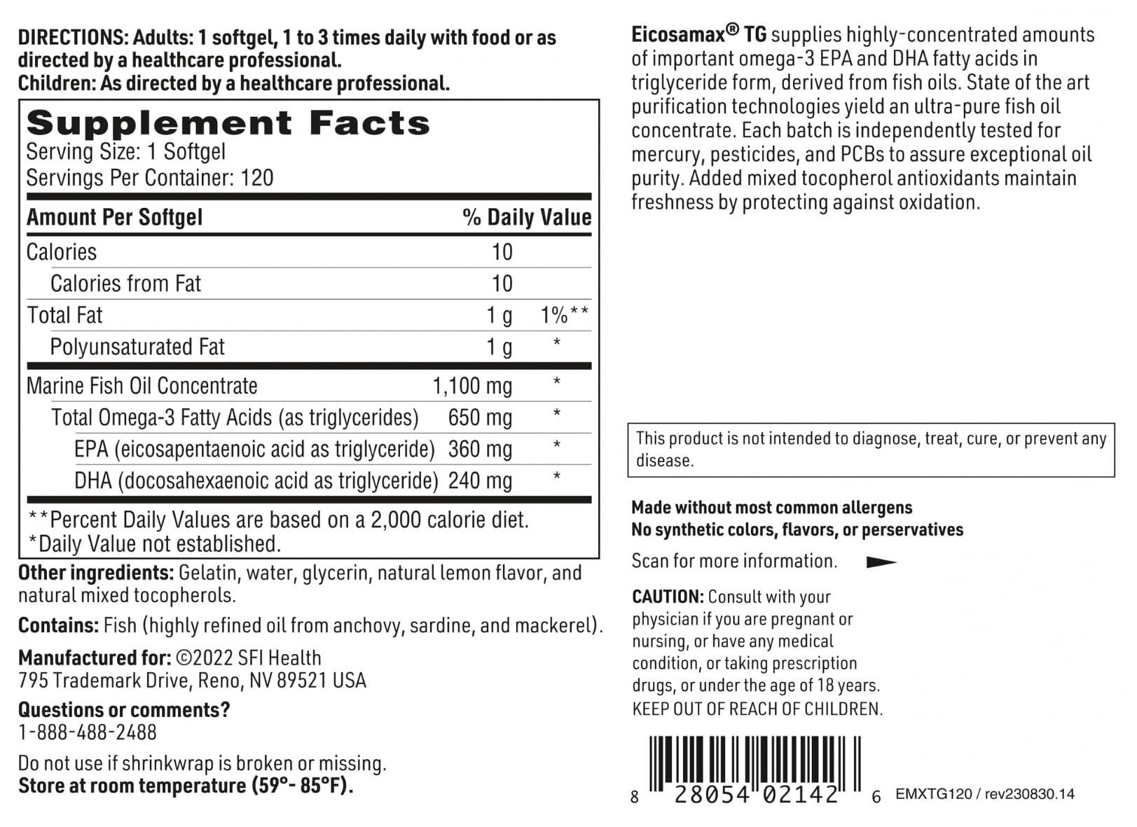 SFI Health Eicosamax TG packaging shown with third-party testing badge for purity
