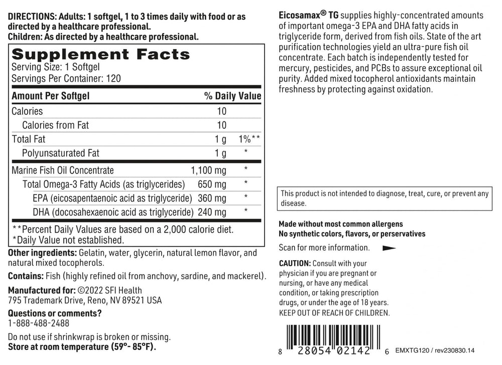 SFI Health Eicosamax TG packaging shown with third-party testing badge for purity