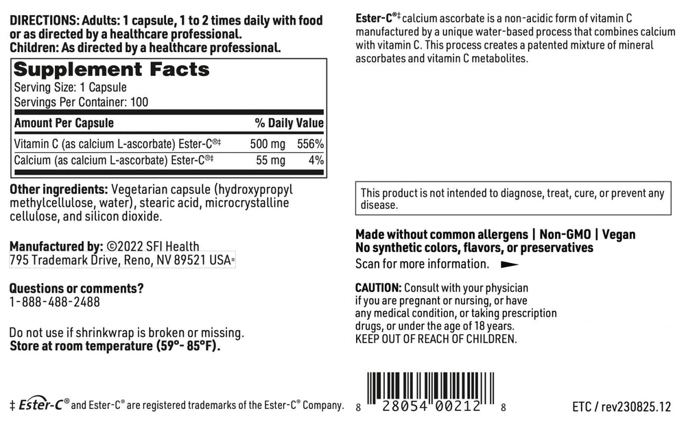 SFI Health Ester-C hypoallergenic label, free from common allergens.