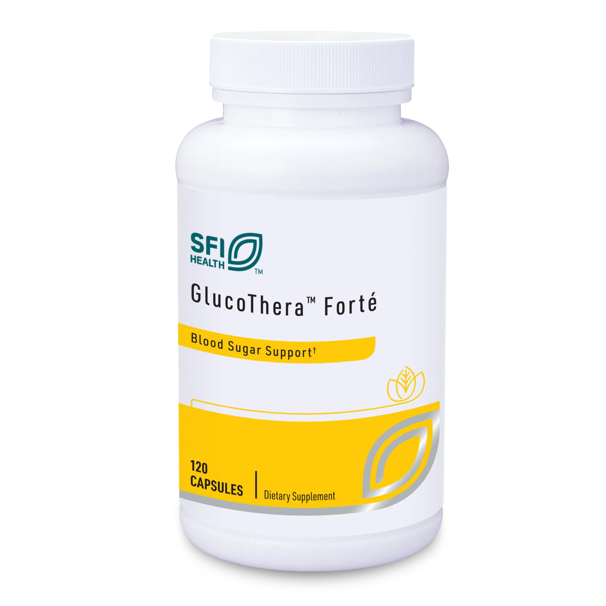 SFI Health GlucoThera Forte bottle front view with dairy-free chromium complex for metabolism support.