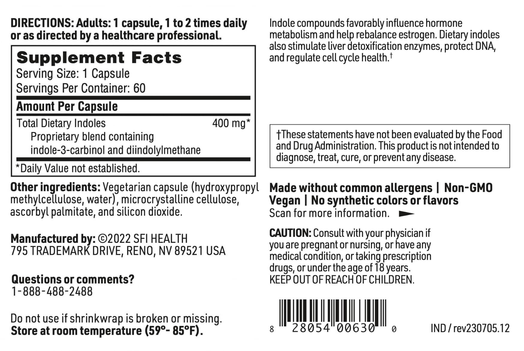 Instruction card detailing daily dosing for Indole Forte by SFI Health