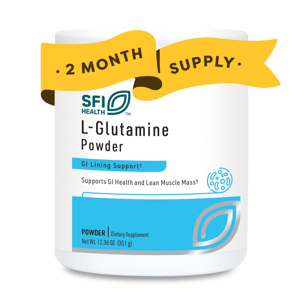 SFI Health Klaire L-Glutamine powder scoop showing 5 g per serving for daily use.