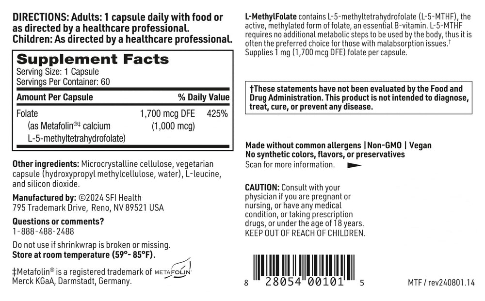SFI Health Klaire L-Methylfolate dosing guide for easy daily intake planning.