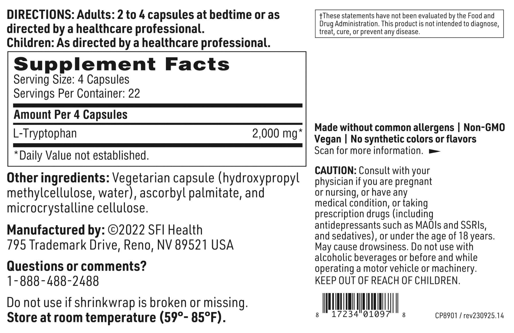 SFI Health Klaire L-Tryptophan label highlights allergen-free formula.