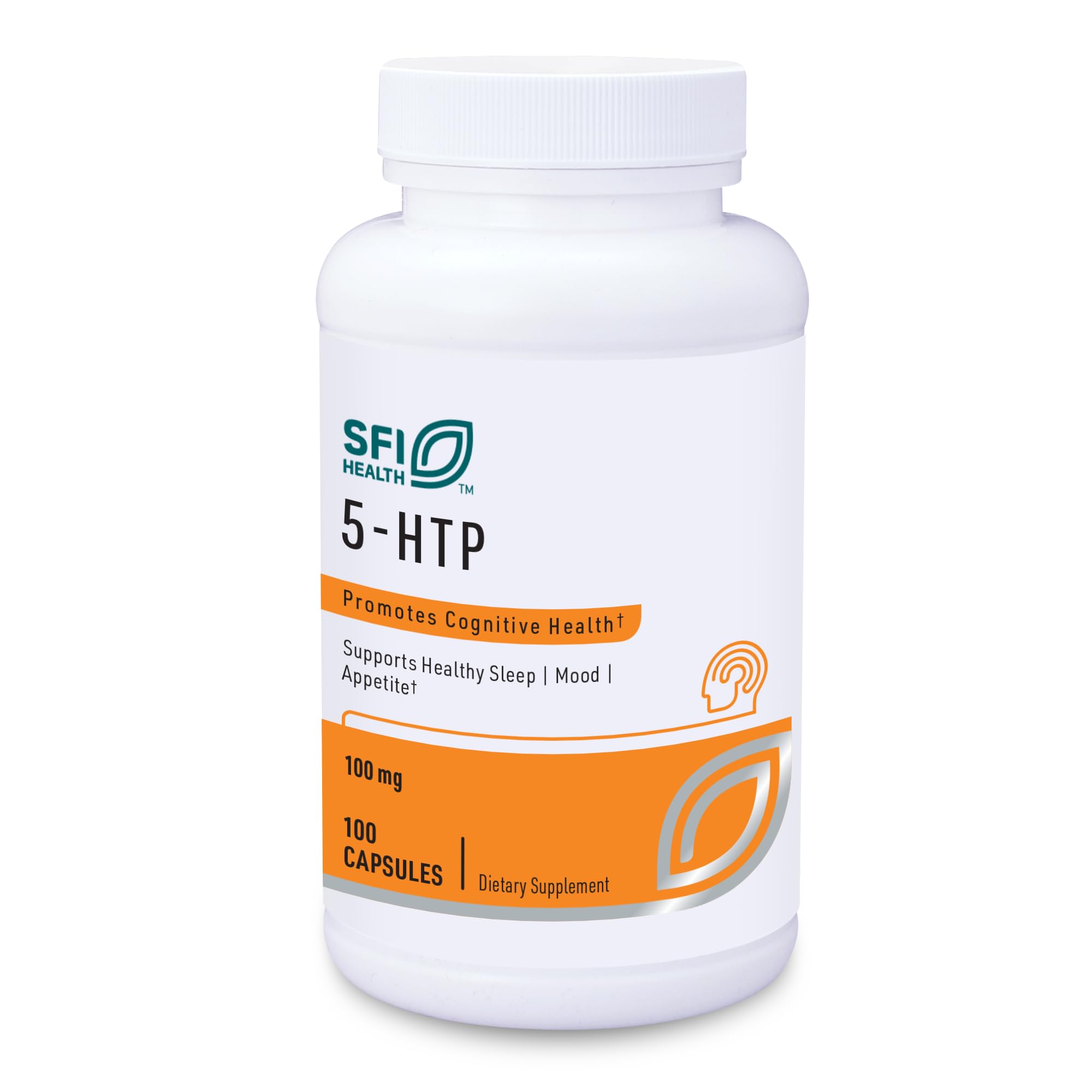 SFI Health Klaire Labs 5-HTP 100 mg bottle label suggesting mood support potential.