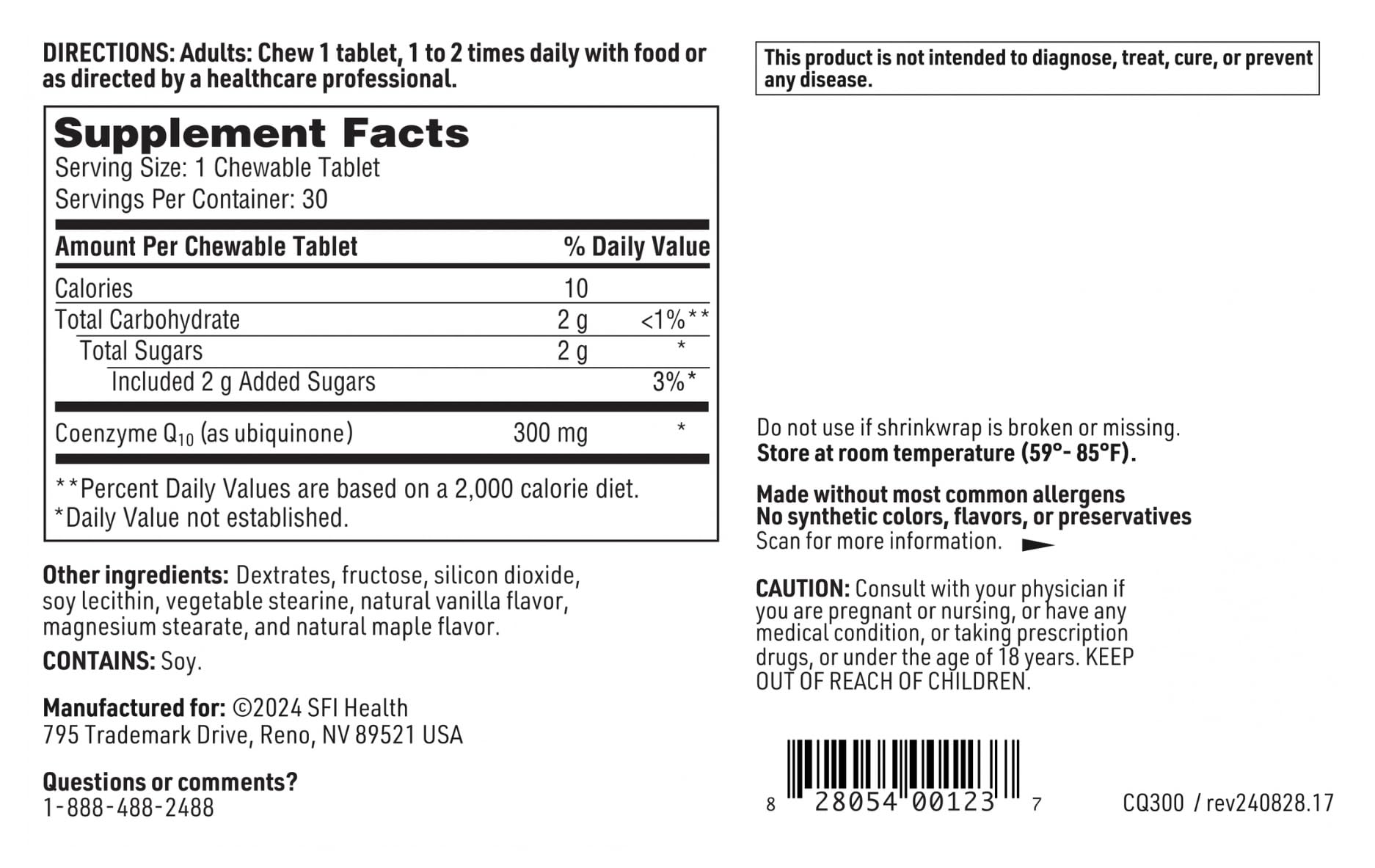 Contains walnuts and soy as noted allergens.