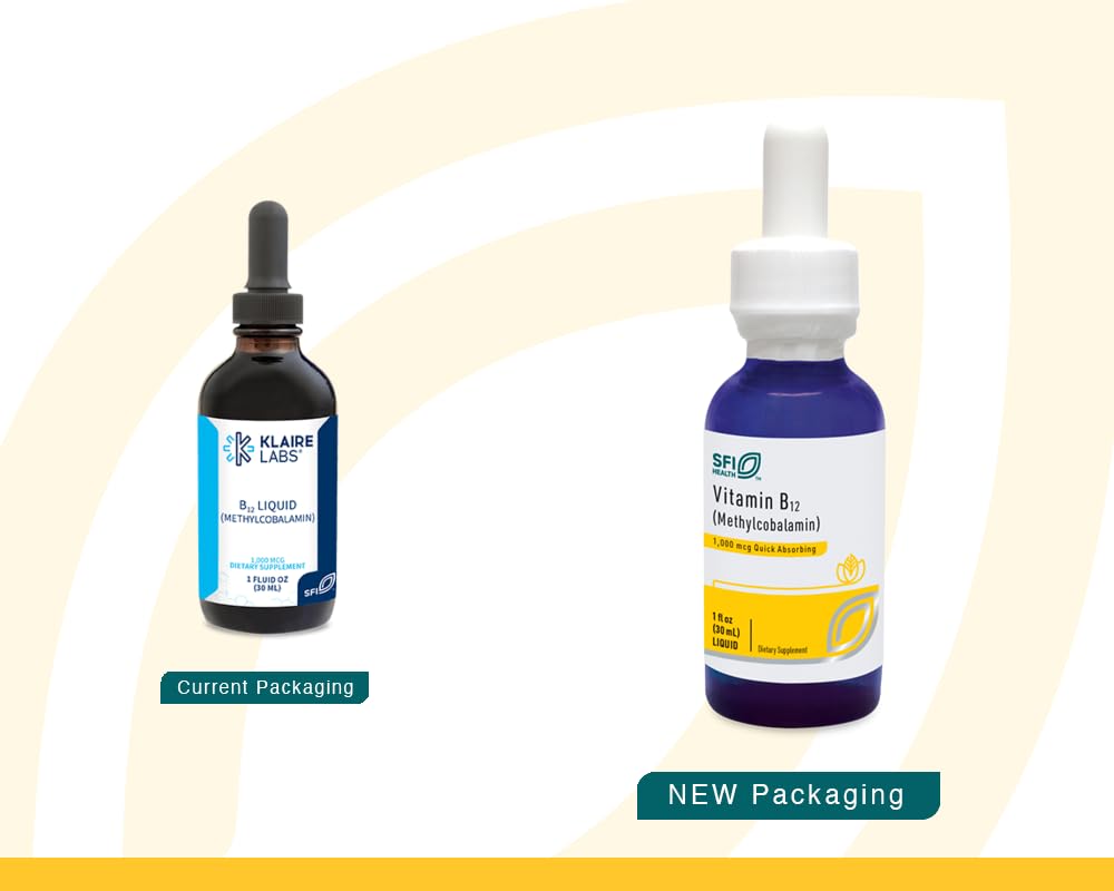 Dropper pours B12 liquid for convenient dosing.