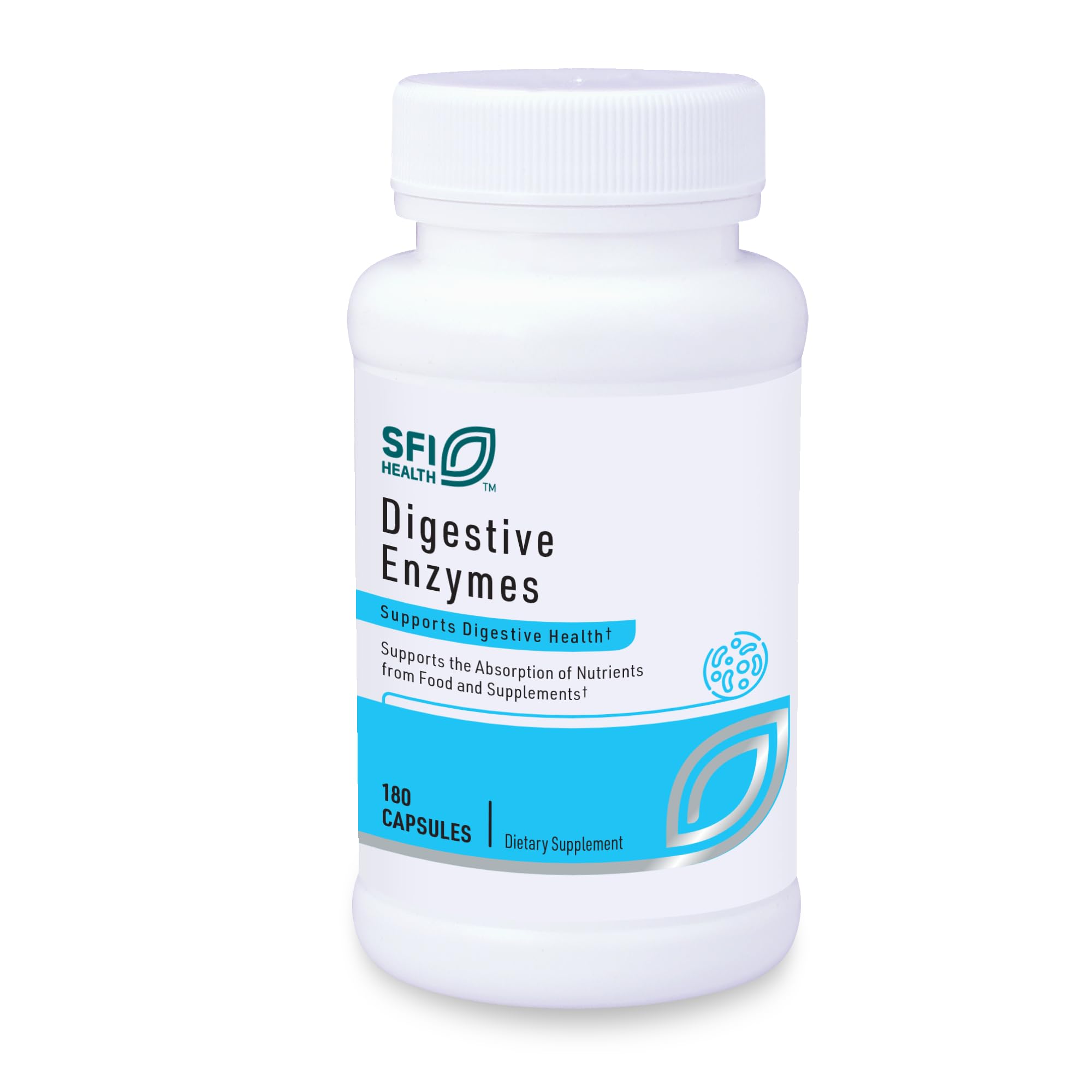SFI Health Klaire Labs Digestive Enzymes bottle with label promotes overall digestion