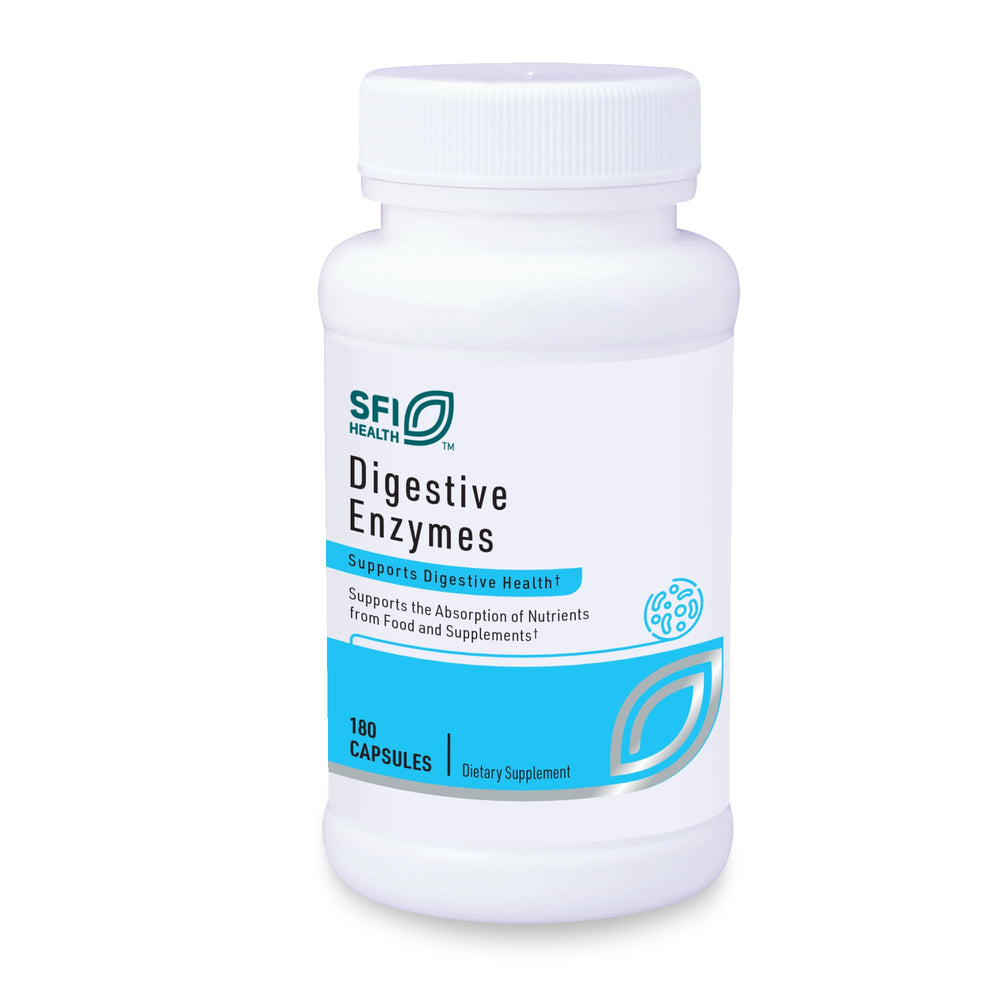 SFI Health Klaire Labs Digestive Enzymes bottle with label promotes overall digestion