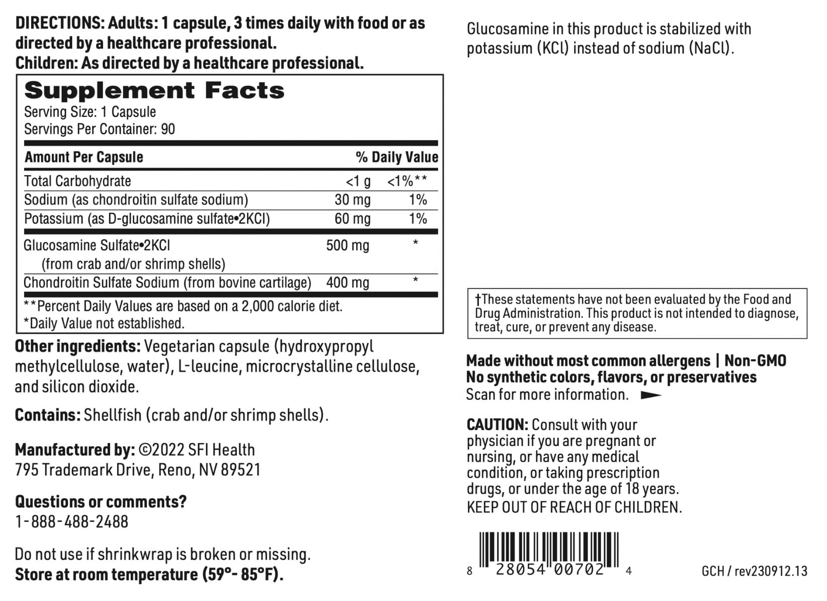 SFI Health Klaire Labs glucosamine-chondroitin allergen info notes shellfish content.