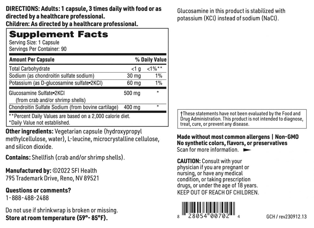 SFI Health Klaire Labs glucosamine-chondroitin allergen info notes shellfish content.