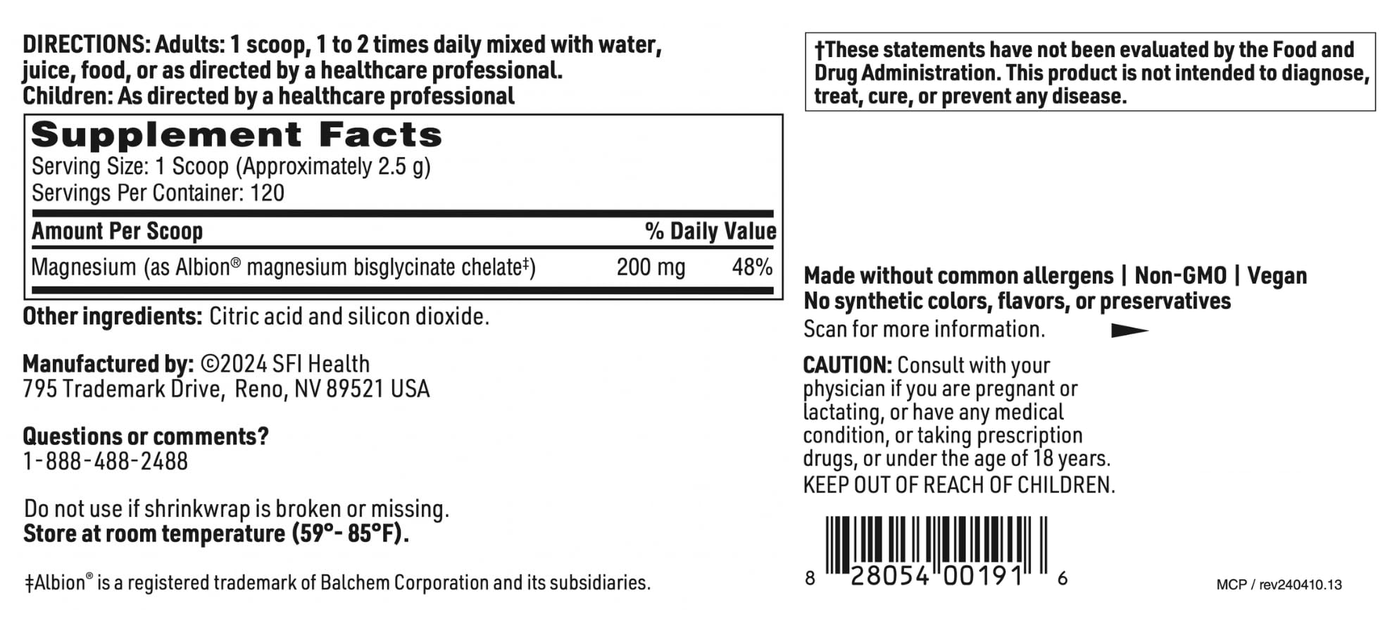 SFI Health hypoallergenic magnesium powder suitable for sensitive stomachs.