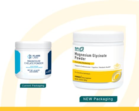 SFI Health Klaire Labs magnesium chelate powder label highlights allergen-free formula.