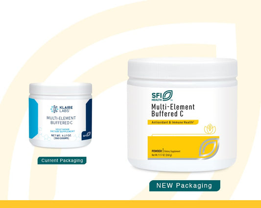 SFI Health Klaire Labs powder with measuring spoon for dosing.