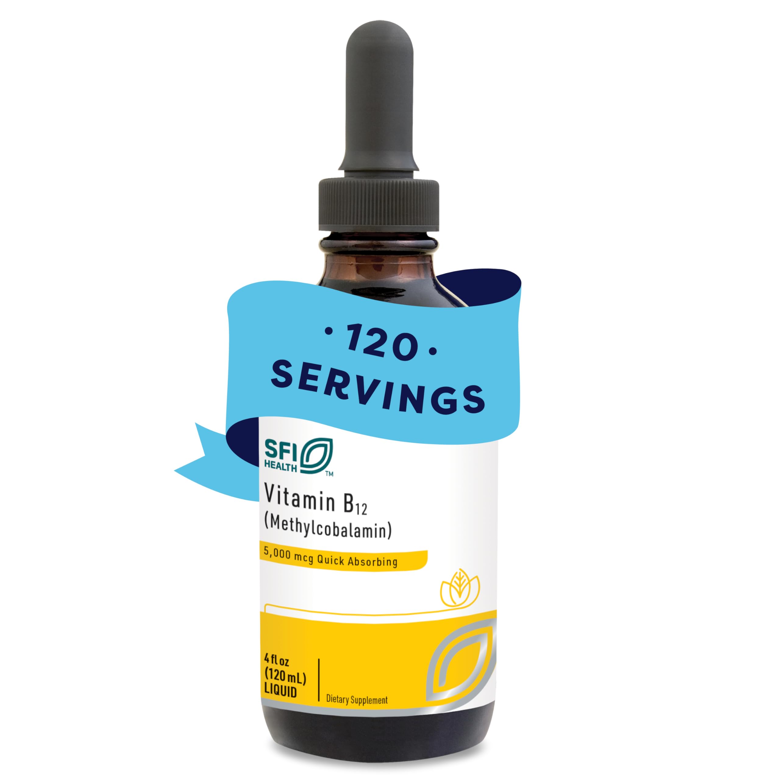 SFI Health Klaire Labs Vitamin B12 liquid drops bottle showing 5 mg strength for daily support.