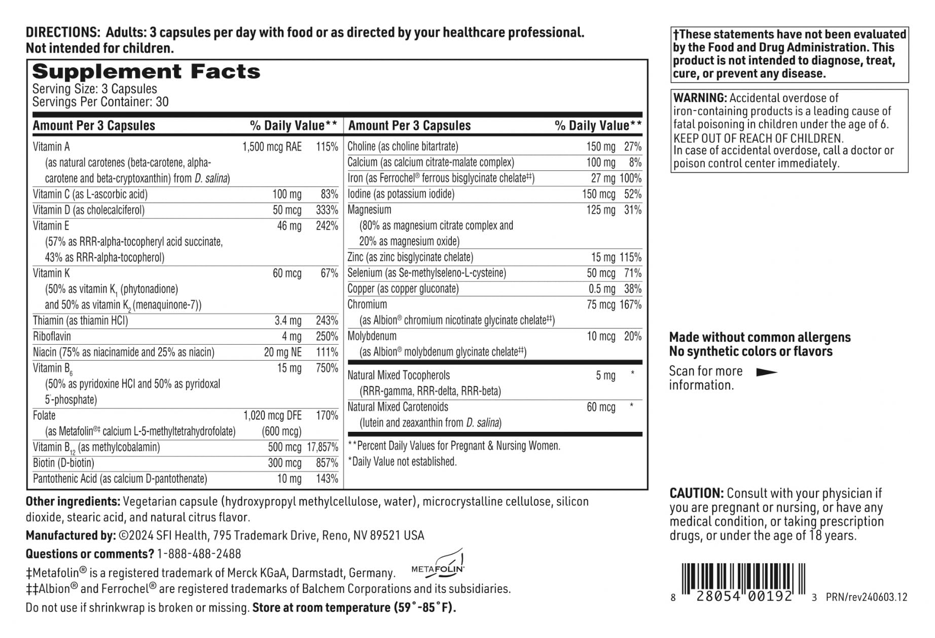 SFI Health Klaire Prenatal bottle with spoon shows easy daily intake.