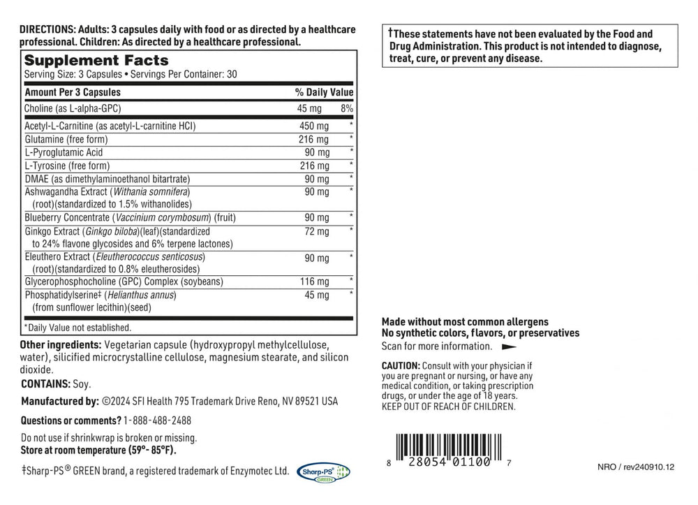 SFI Health NeuroThera serving size 3-capsules communicates daily intake approach.