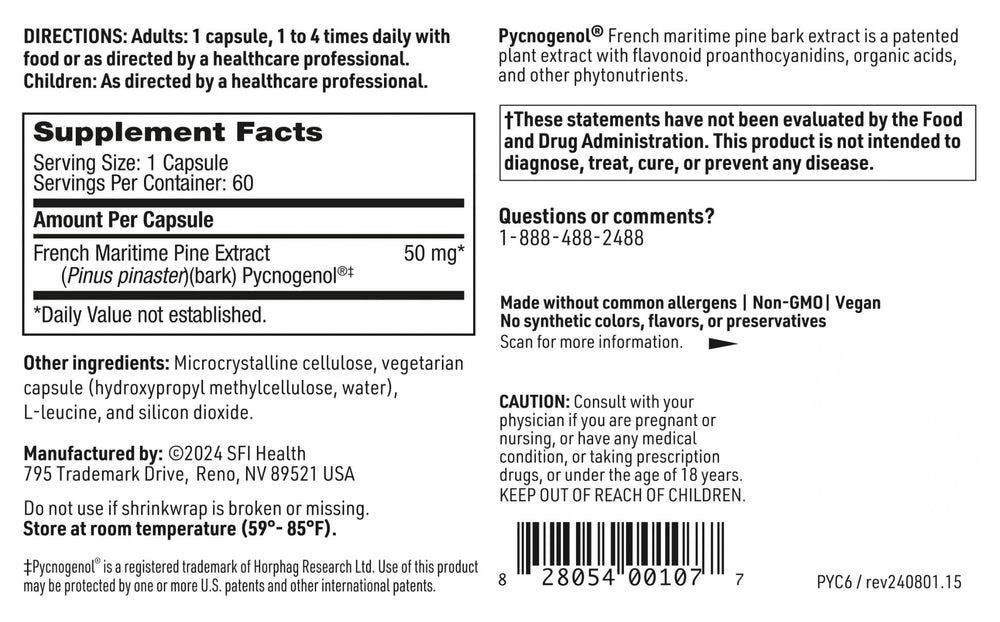 Packaging of Pycnogenol 50mg showcasing pine bark extract quality.