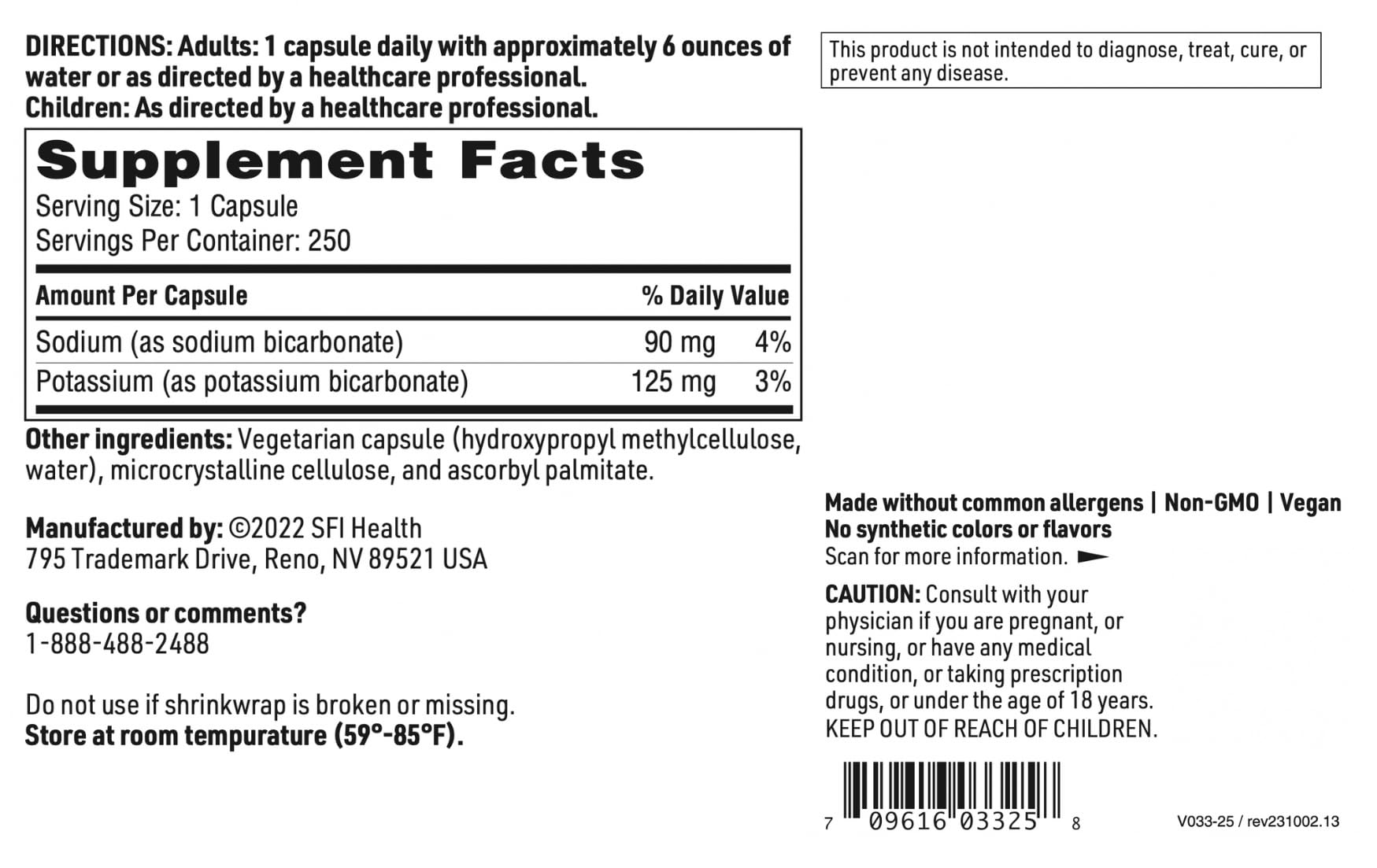 SFI Health label detail showing allergen-free formulation and no artificial colors