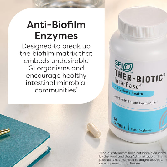 Close-up of InterFase capsules highlighting the enzyme blend for gut balance.