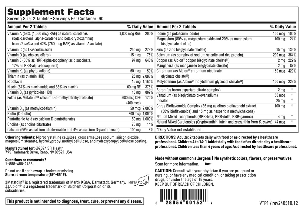 SFI Health VitaPrime ingredients chart lists vitamin C, calcium, and magnesium.