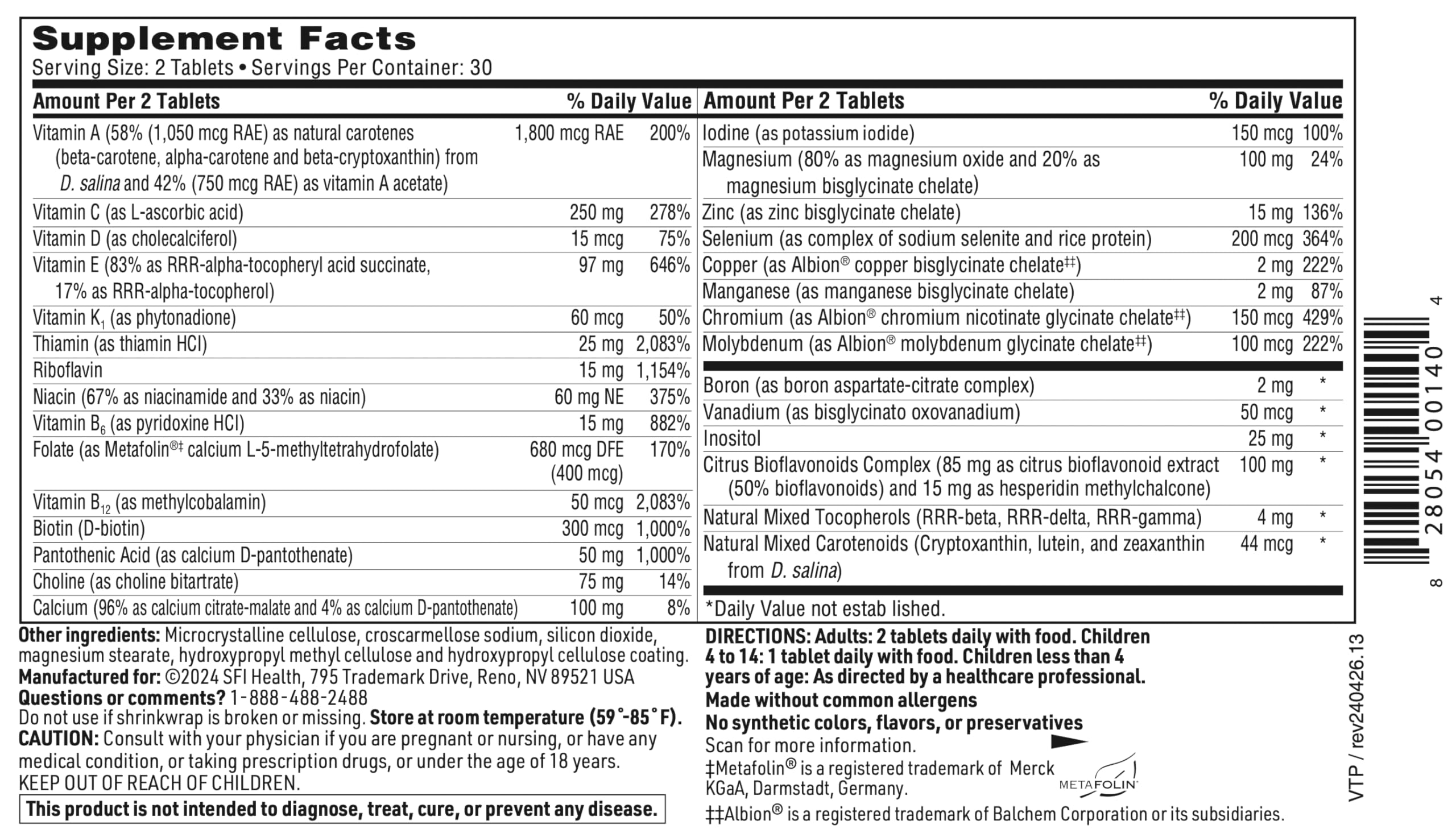 SFI Health VitaPrime iron-free claim on bottle label.