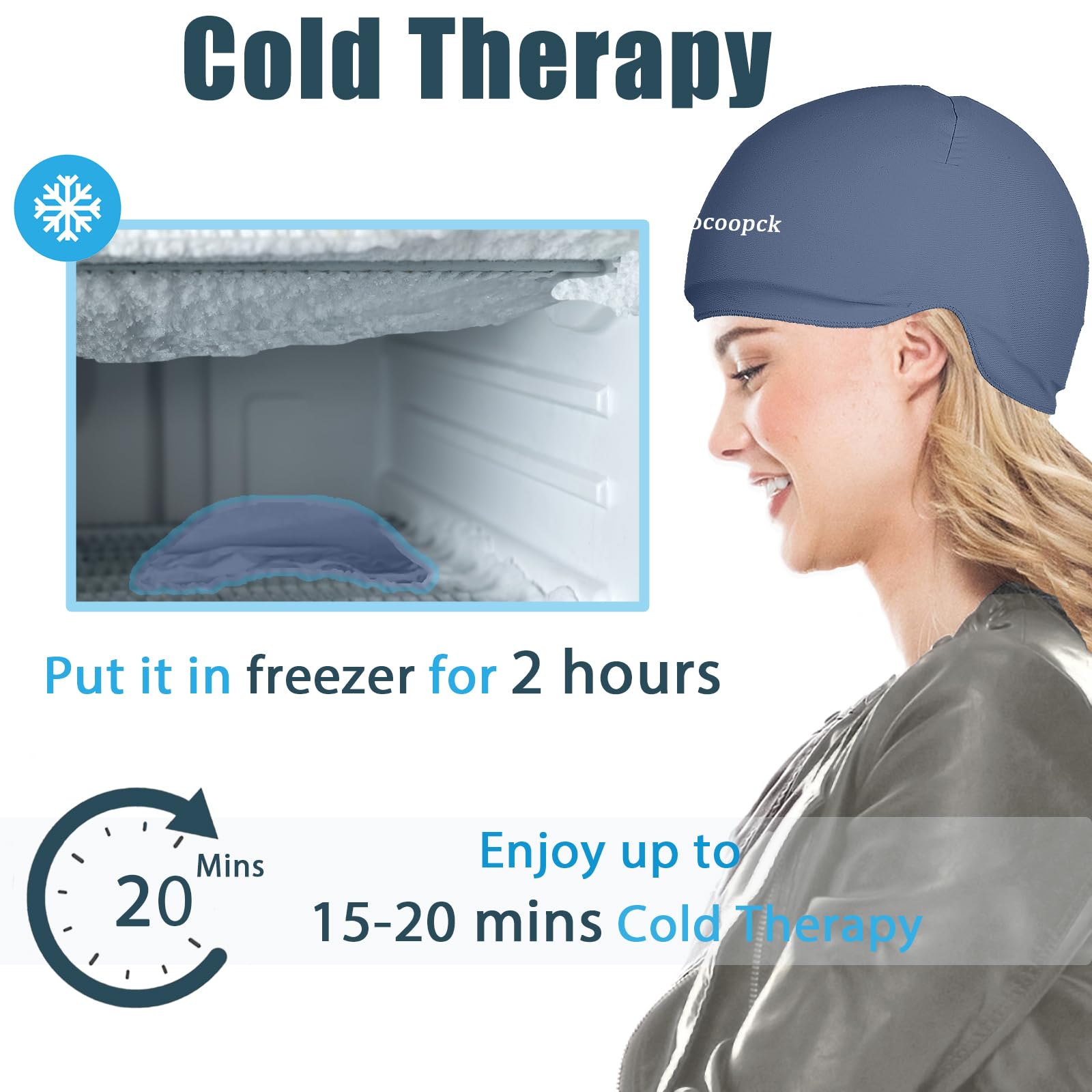 Sfiocoopck head ice pack for headaches and fever relief.