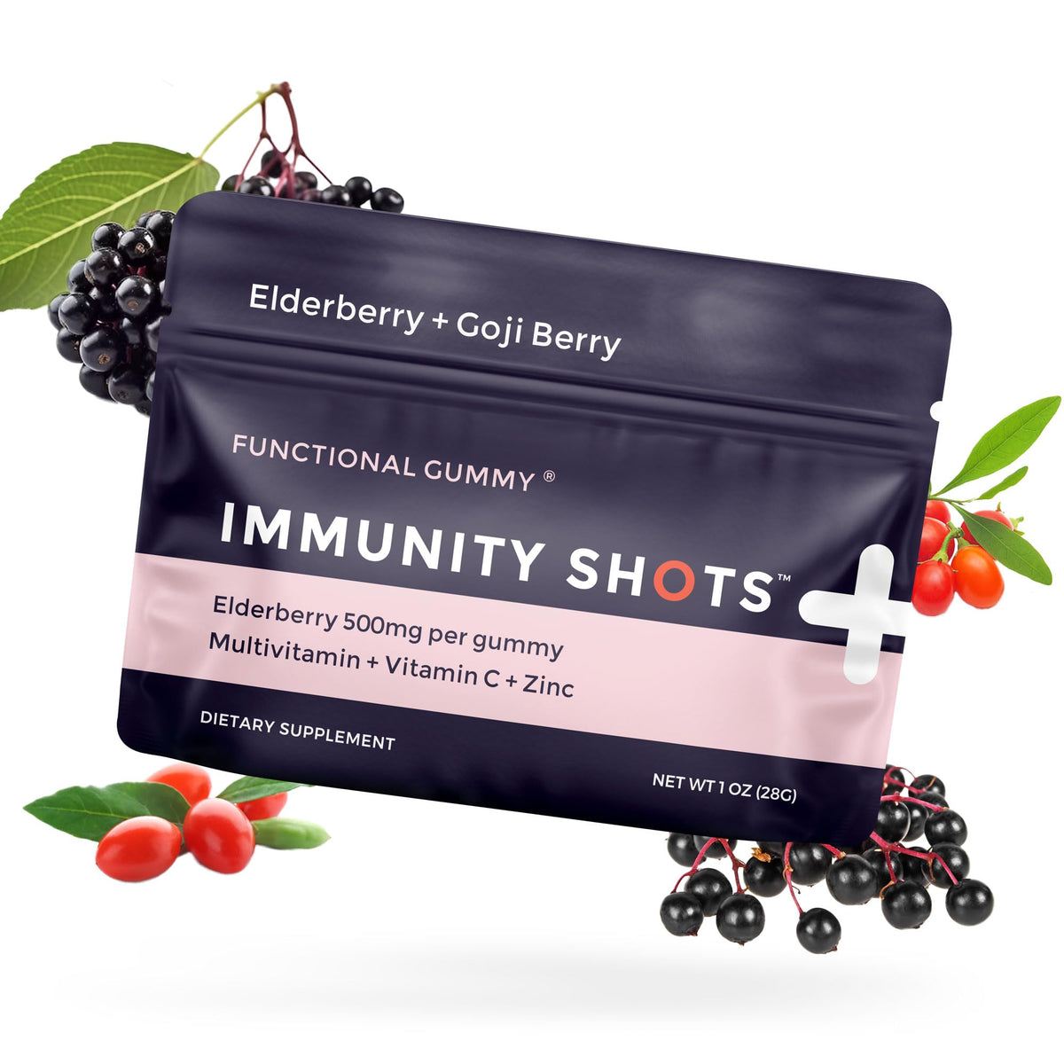 SGC Immunity Shots elderberry-goji bottle highlighting vegan multivitamin formula for daily wellness.