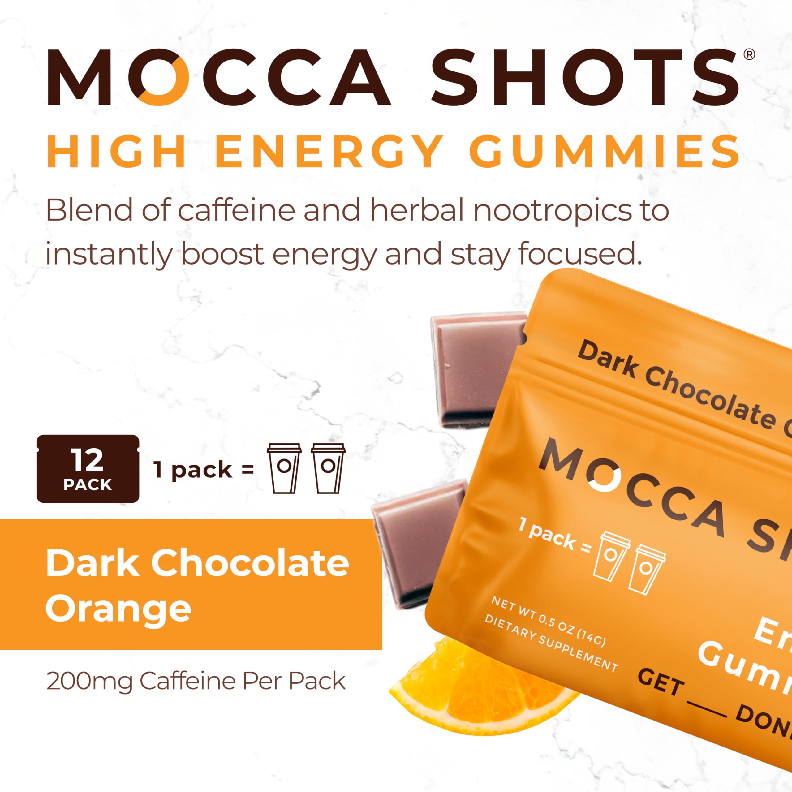 SGC Mocca Shots gummy close-up highlighting mocha orange flavor and energy.