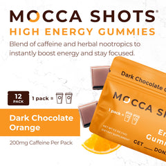 SGC Mocca Shots gummy close-up highlighting mocha orange flavor and energy.