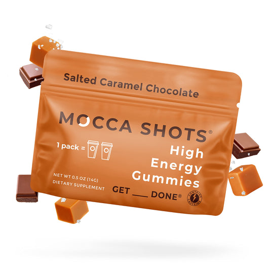 SGC Mocca Shots Salted Caramel bottle with energy-boosting gummies