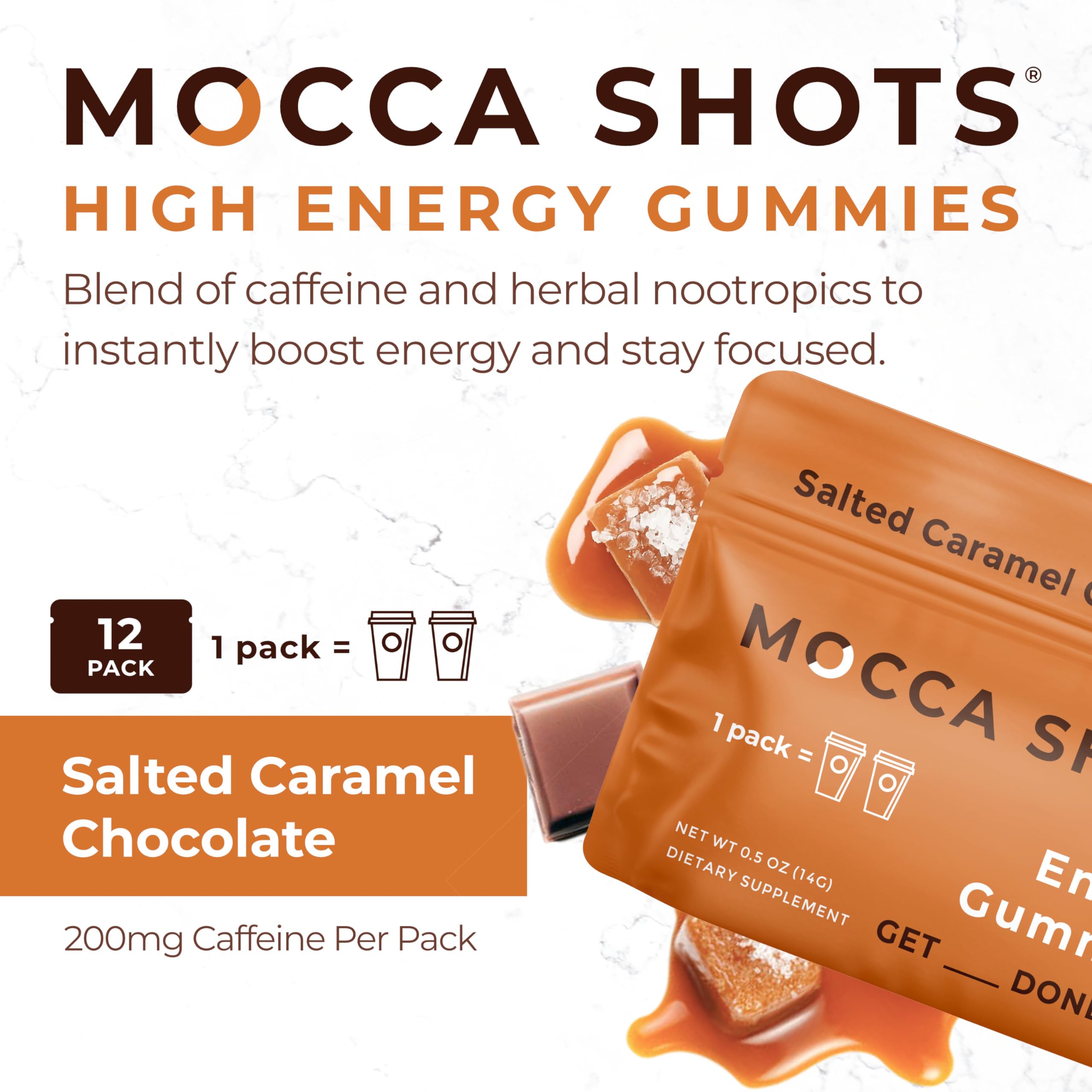 SGC Mocca Shots Salted Caramel gummies close-up showing texture and color appeal