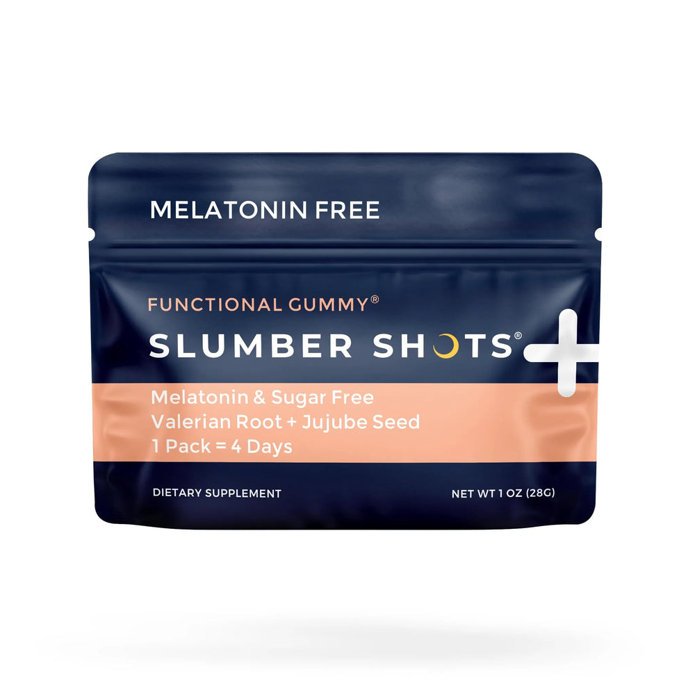 SGC Slumber Shots bottle of sleep gummies highlighting plant-based calm before bed.