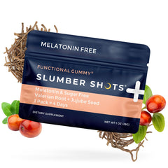 Close-up of the Slumber Shots label emphasizing melatonin-free herbal formula for restful evenings.