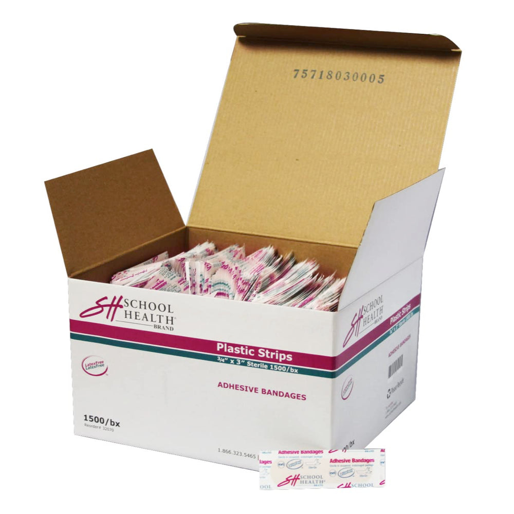 SH School Health 1500-count bulk bandages ready for classroom first aid.